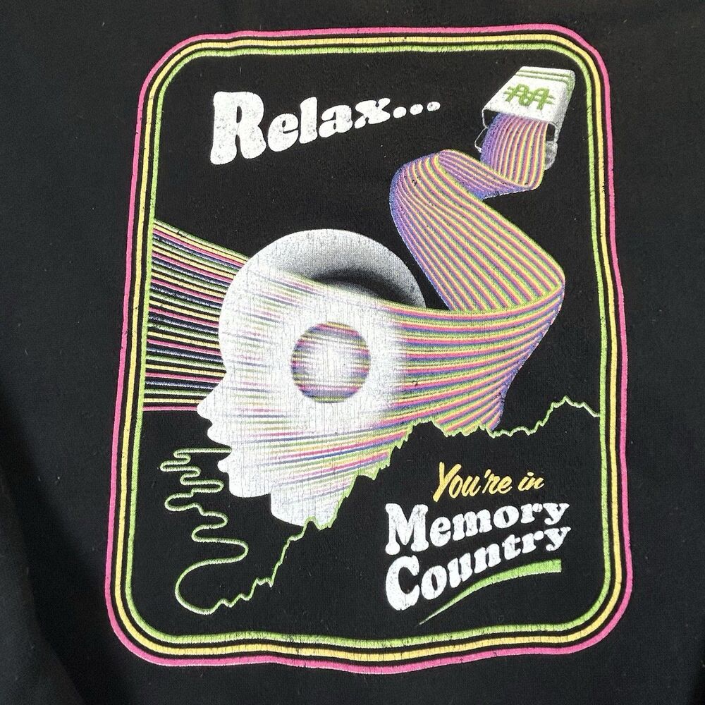 Retro Cassette Tape Trippy Black Sweatshirt "Memory Country" Mens/Unisex Large